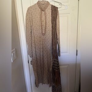 Men Beige Paisley Long Dress with Embroidered Placket
